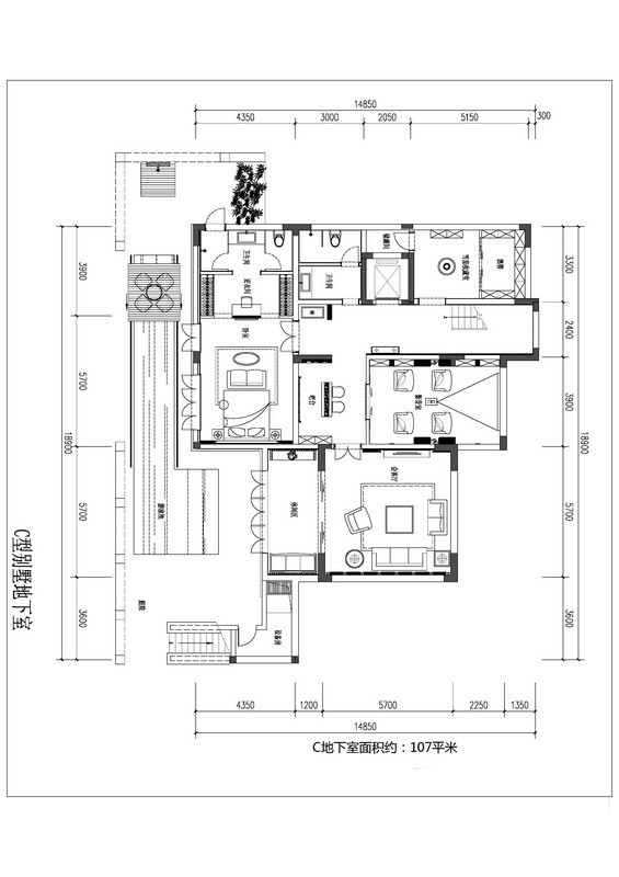 c户型别墅地下室户型图 1室3厅2卫0厨 107.00㎡