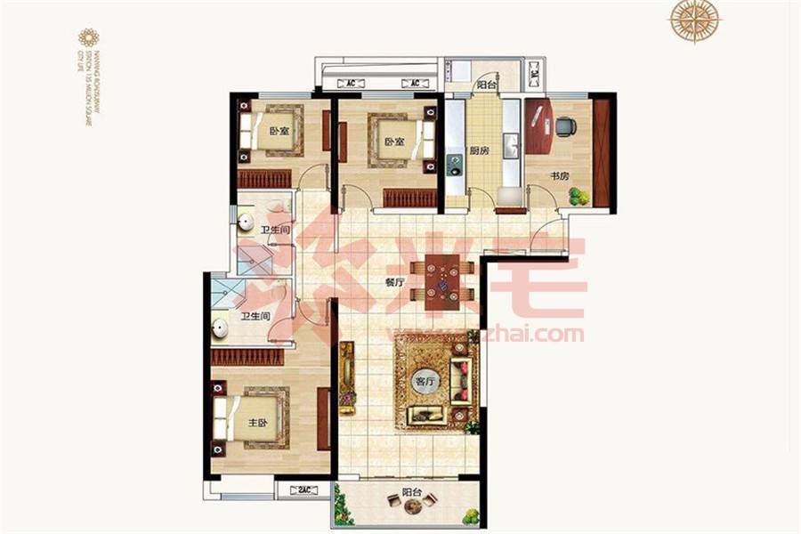 c1戶型 四室兩廳兩衛 138㎡ 4室2廳2衛1廚 138.00㎡