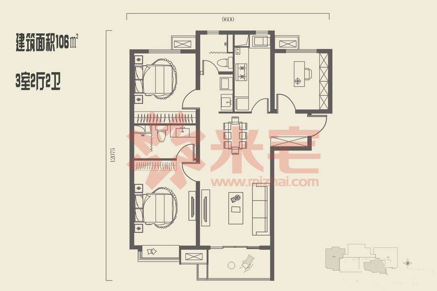 106平方户型 3室2厅2卫1厨 106.00㎡